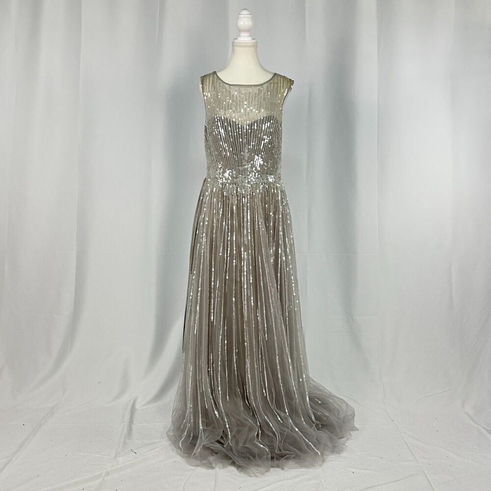 Montage Mon Cheri Striped Sequin Tulle Prom Dress Sleeveless Party Gown Size 12